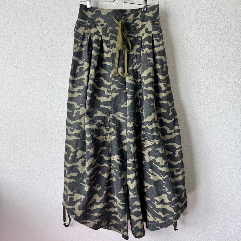 Wide Leg Camouflage Drawstring Pants - Olive Camo